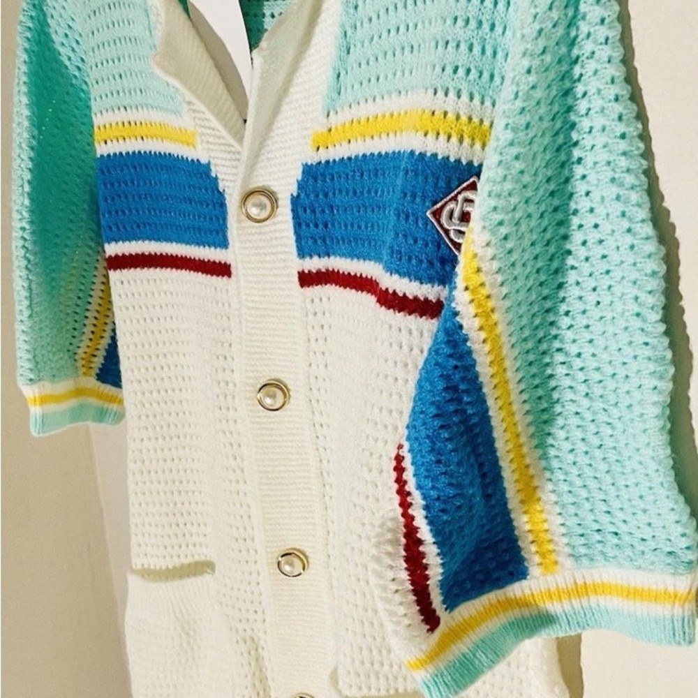 Chunky Knit White and Blue Cardigan Sweater